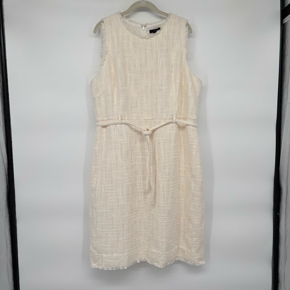 J. Crew Cream Fringe Tweed Shift Dress with tie waist belt sz 22‎ - Picture 2 of 10